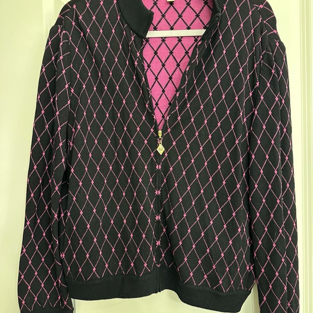 St. John Sport by Marie Gray Sweater L Black Pink Argyle Zip Front Gold Logo USA